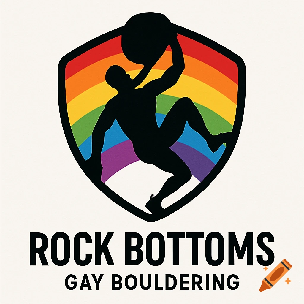 Logo featuring a black silhouette of a climber inside a rainbow shield, with text 'ROCK BOTTOMS GAY BOULDERING'.