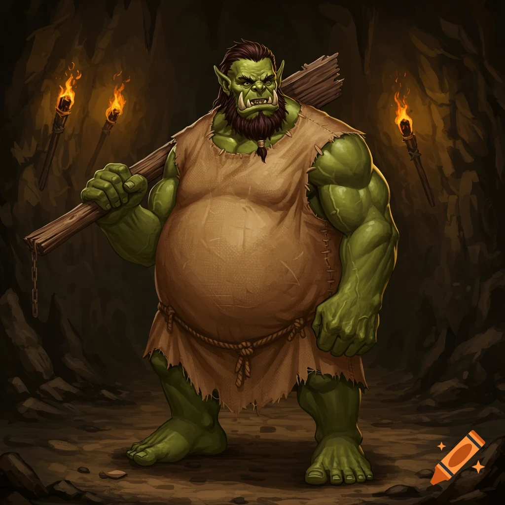 A large, green-skinned orc with a beard and pot belly stands in a cave, holding a large wooden club over his shoulder. Torches light the background.
