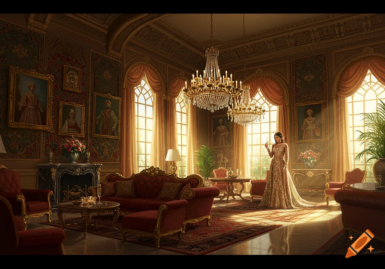 Woman in gold dress stands in a grand room with chandeliers, large windows, and opulent furniture.