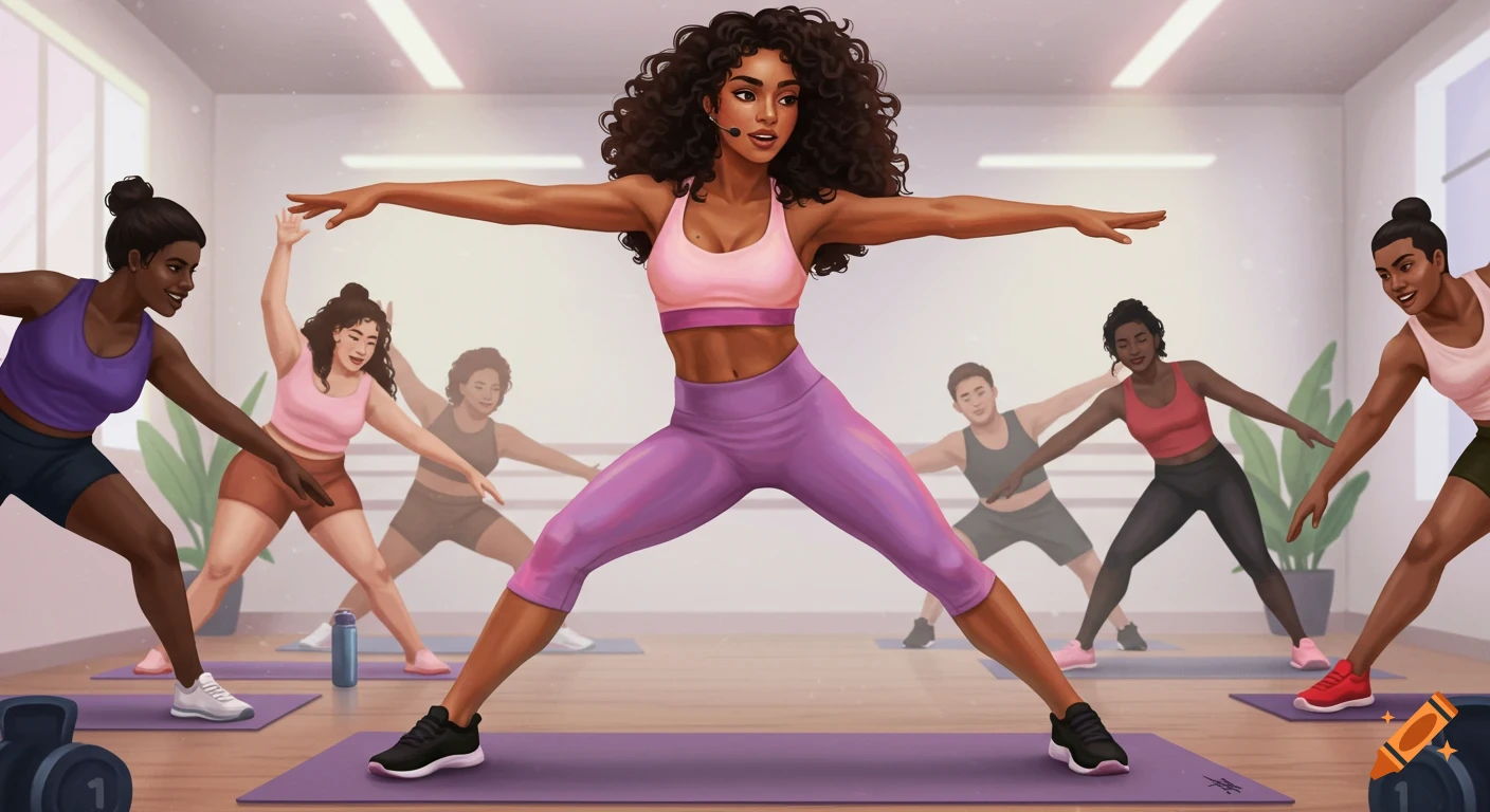 An illustration shows a diverse group of people doing a workout class in a studio. The central figure is in a warrior pose.