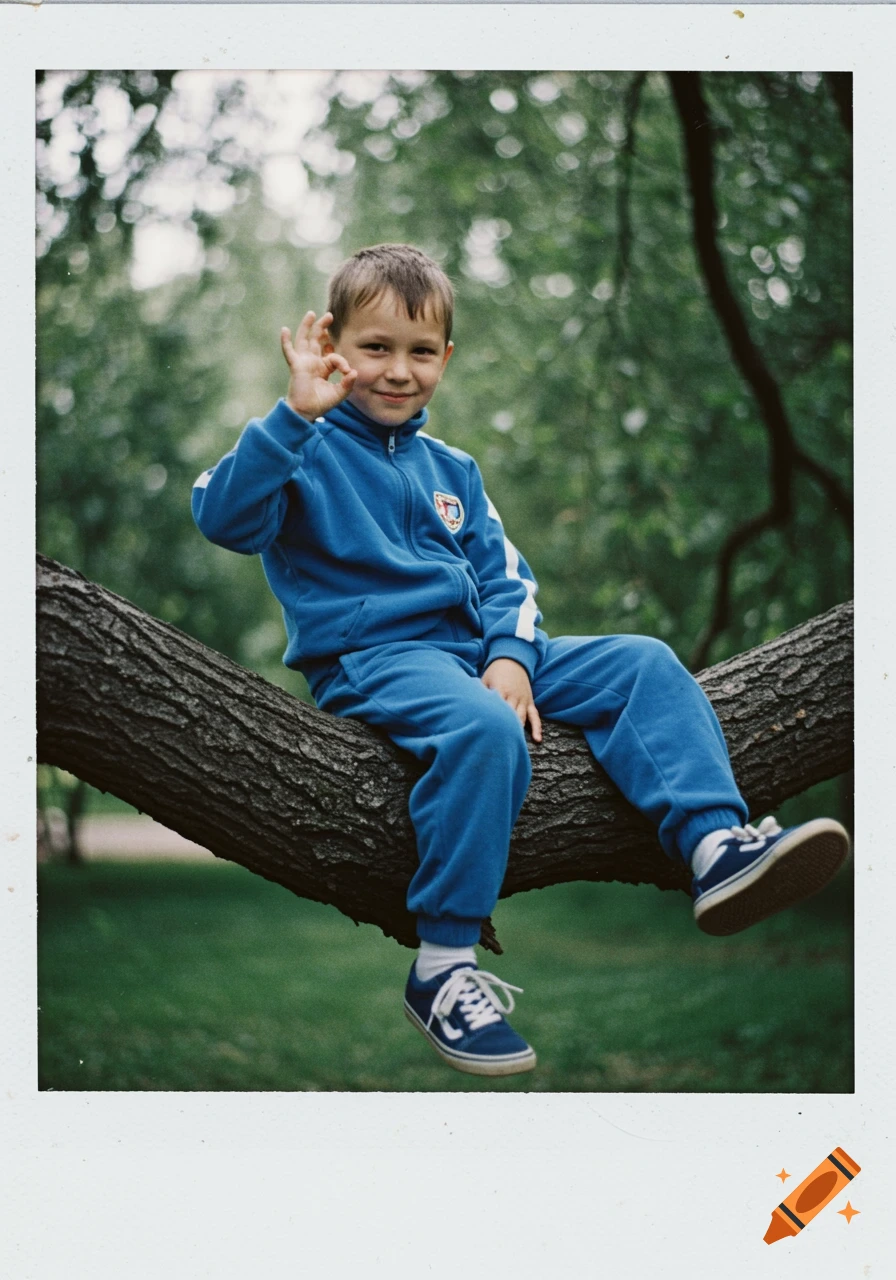 A boy in a blue tracksuit sits on a tree branch, making an OK sign, in a polaroid photo.