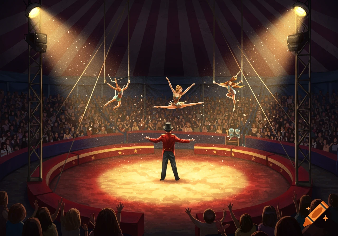 A ringmaster gestures to trapeze artists performing high above a cheering crowd in a circus tent.