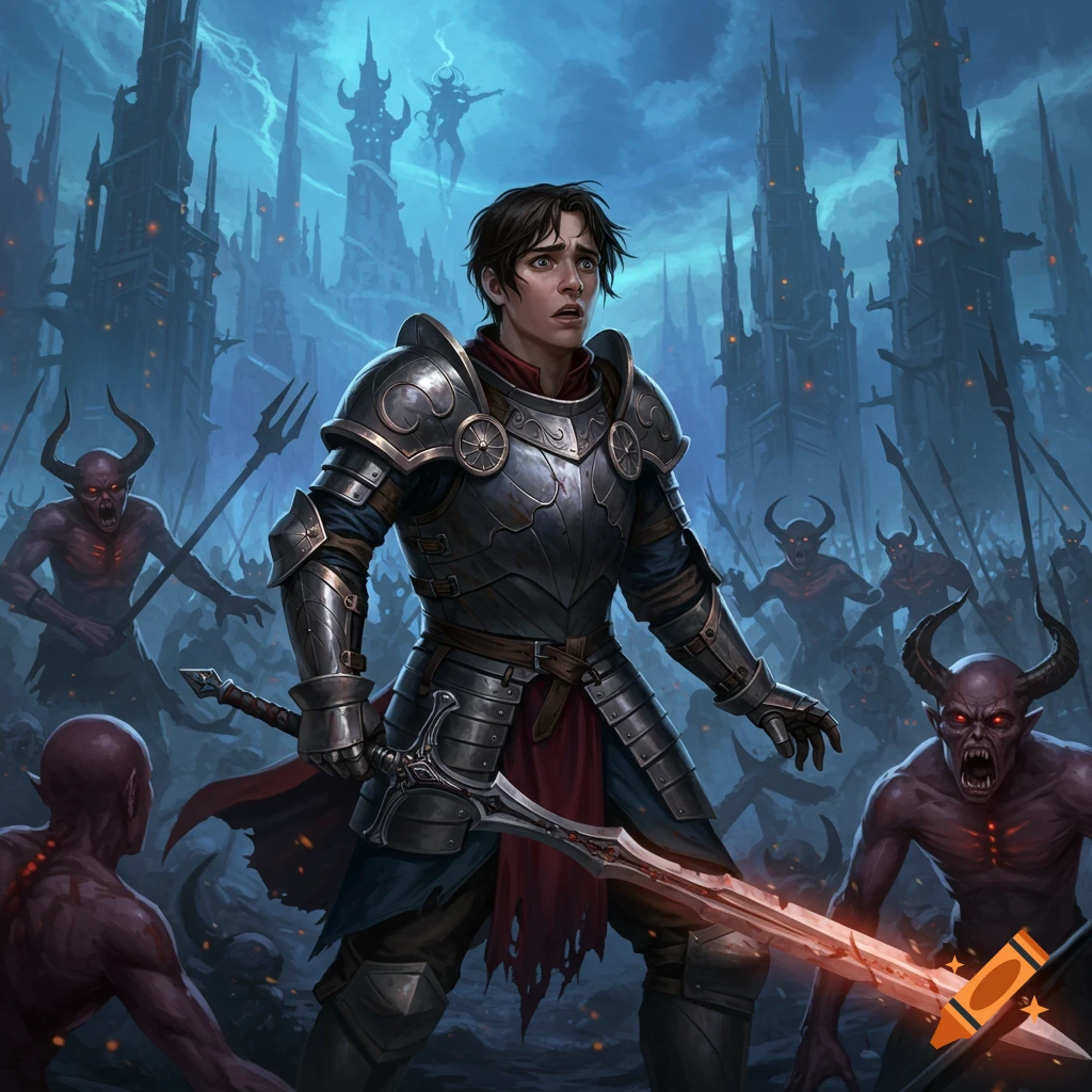 A confused knight stands in dark gothic city surrounded by demons in a fantasy digital painting.