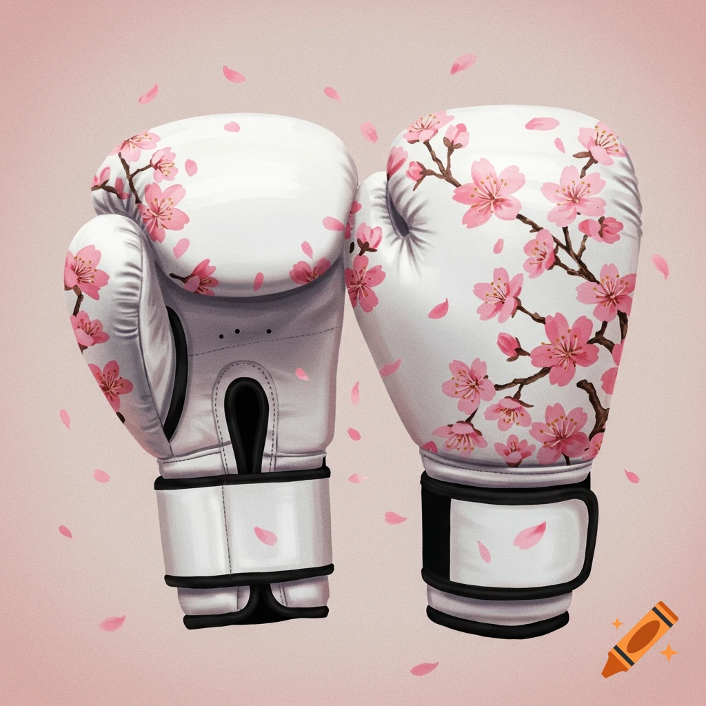 Pair of white boxing gloves with a pink cherry blossom design