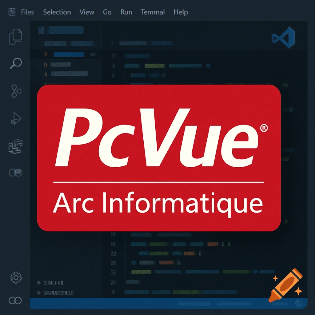 A red logo with white text 'PcVue' and 'Arc Informatique' overlaid on a dark screen showing blurry programming code interface.