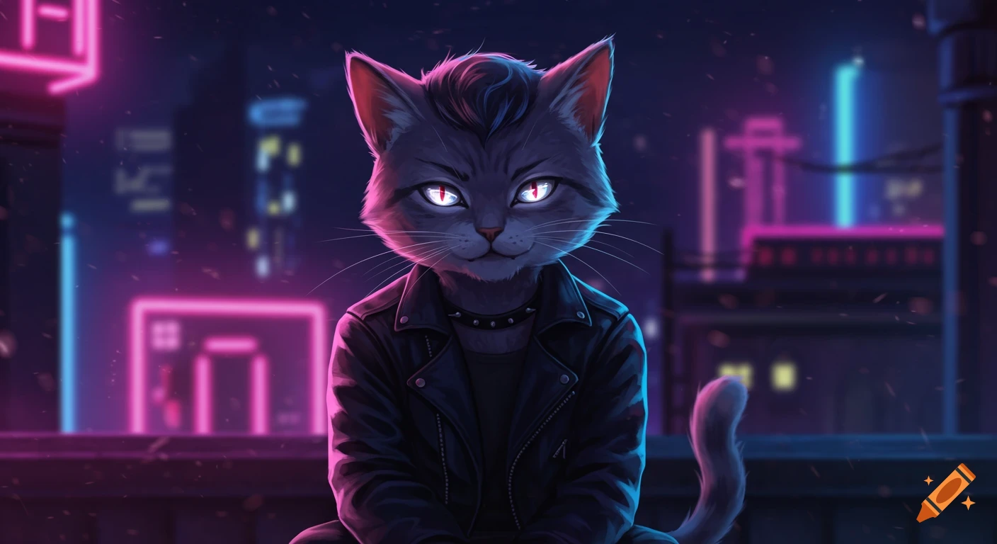 Stylish anime cat in leather jacket on a rooftop with neon lights.