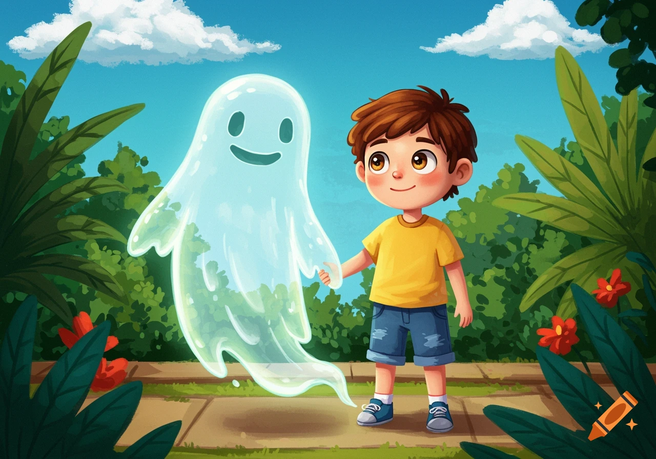 A cartoon boy holds hands with a friendly ghost in a park. Whimsical illustration style.