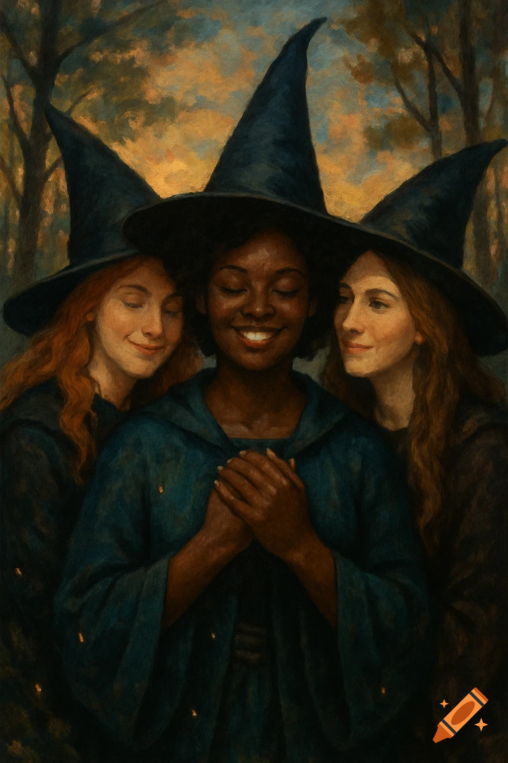 Painting of three women in witch hats and robes standing together in a forest.