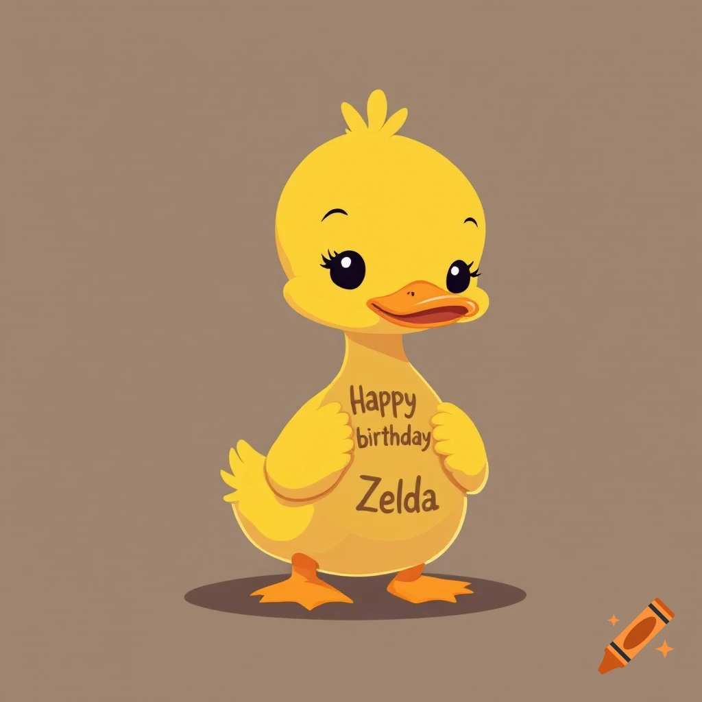 Cute yellow cartoon duck with 'Happy birthday Zelda' text on its chest