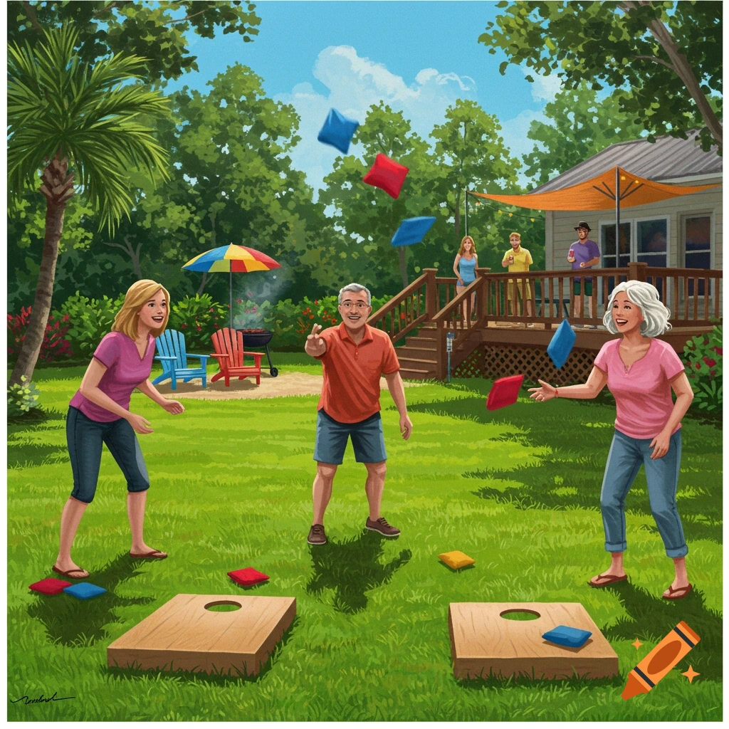 People playing cornhole in a sunny backyard