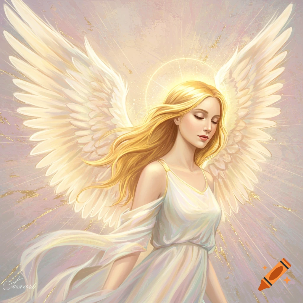 An ethereal painting of a blonde angel with golden wings and a halo. on ...