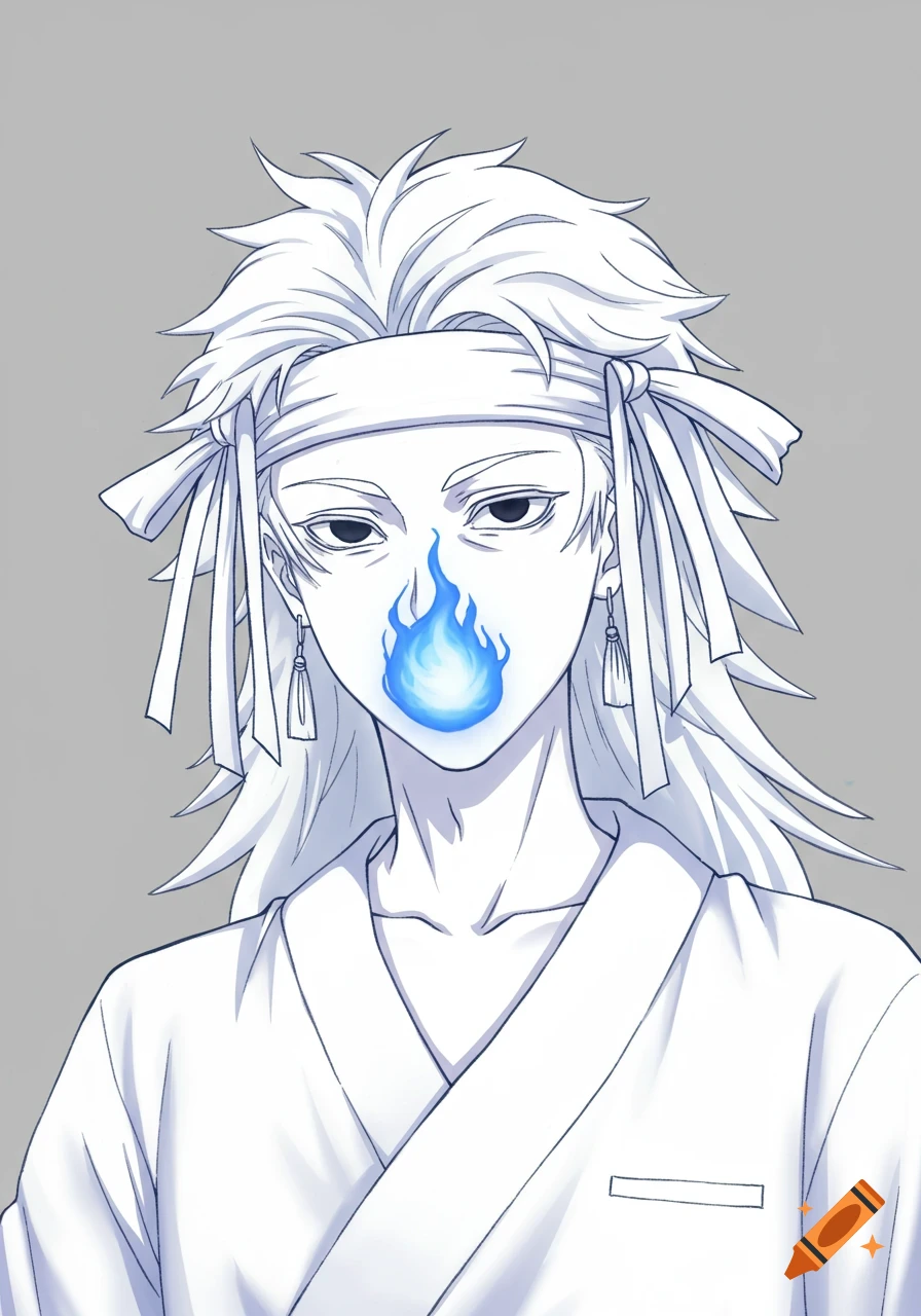 Anime character with white hair, headband, and blue flame by mouth in line art style