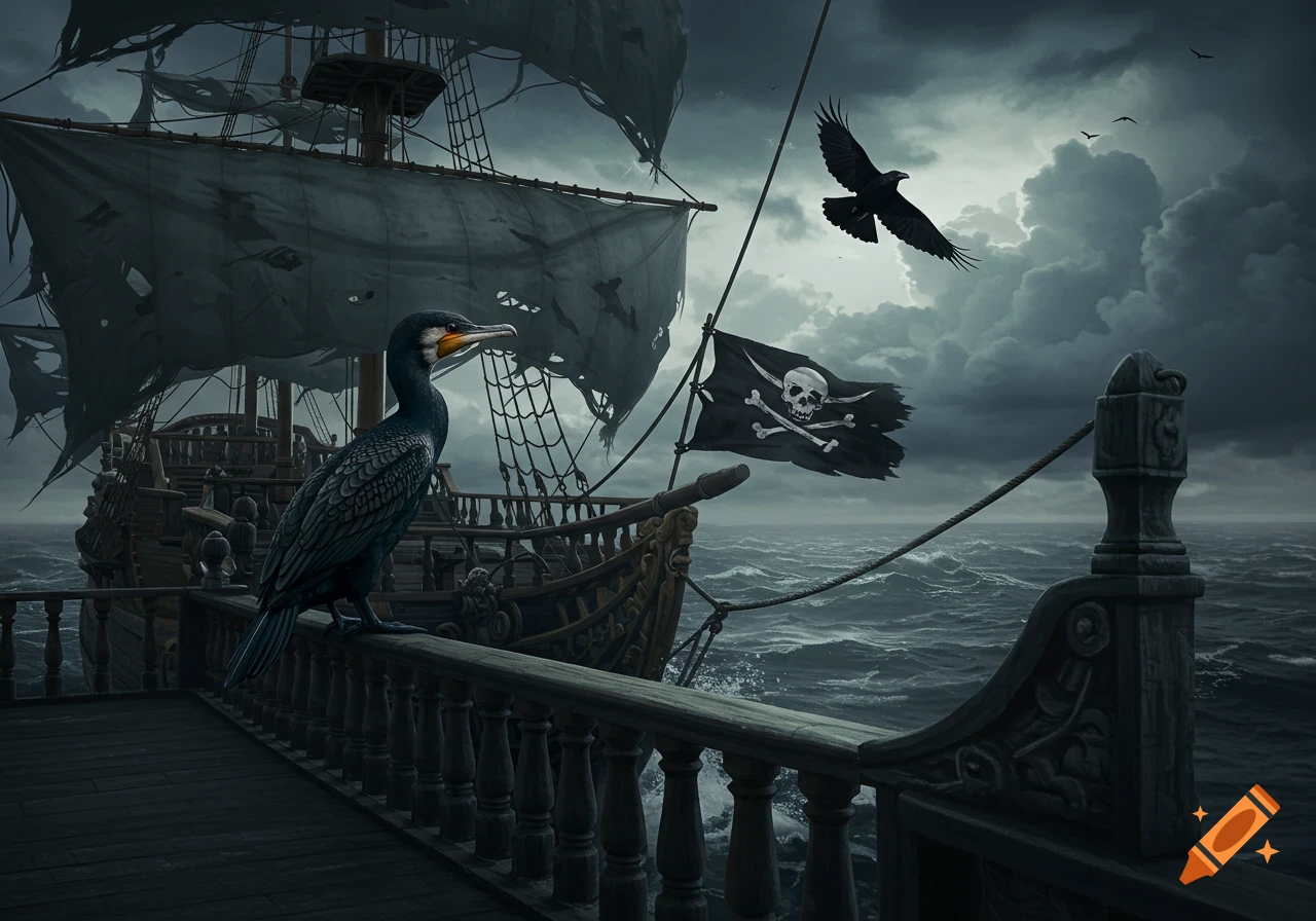 A cormorant perches on a pirate ship railing with a raven flying nearby under dark clouds.