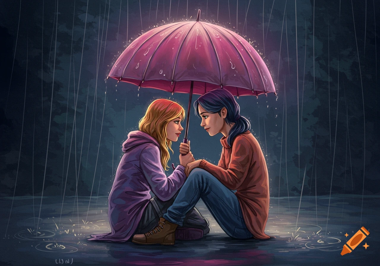 Two young women hold hands under a pink umbrella in the rain, looking into each other's eyes. Illustration style.