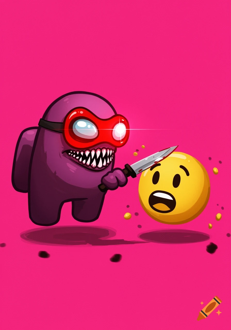 Purple Among Us imposter character wearing a red mask holds a knife and stabs a scared yellow smiley face emoji.