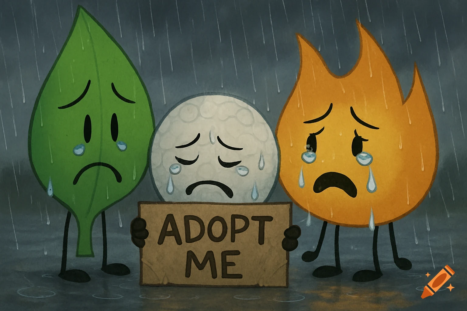 Three sad cartoon characters, a leaf, golf ball, and flame, cry in the rain holding a sign that says 'ADOPT ME'.