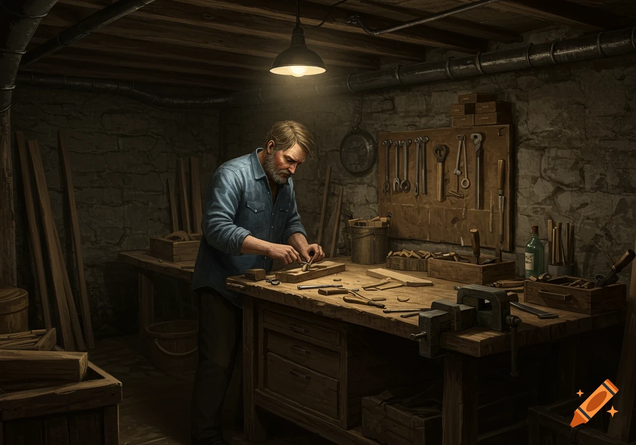 A man works at a workbench in a dimly lit basement workshop.