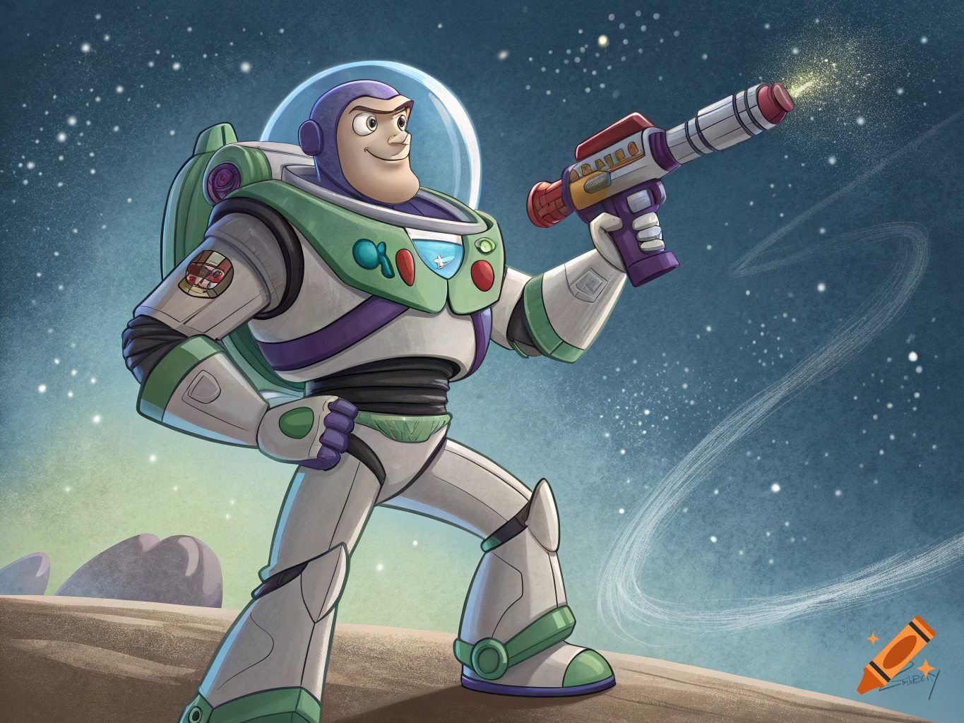 Cartoon illustration of Buzz Lightyear standing on a planet surface in space, holding a laser gun.