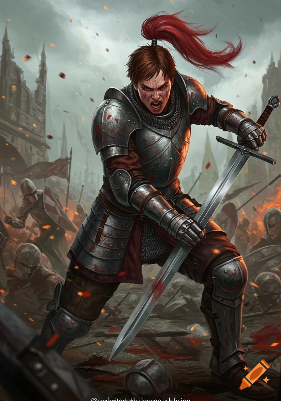 A fierce knight in full armor roars, covered in blood, holding a sword ready to strike in a fantasy battle scene.
