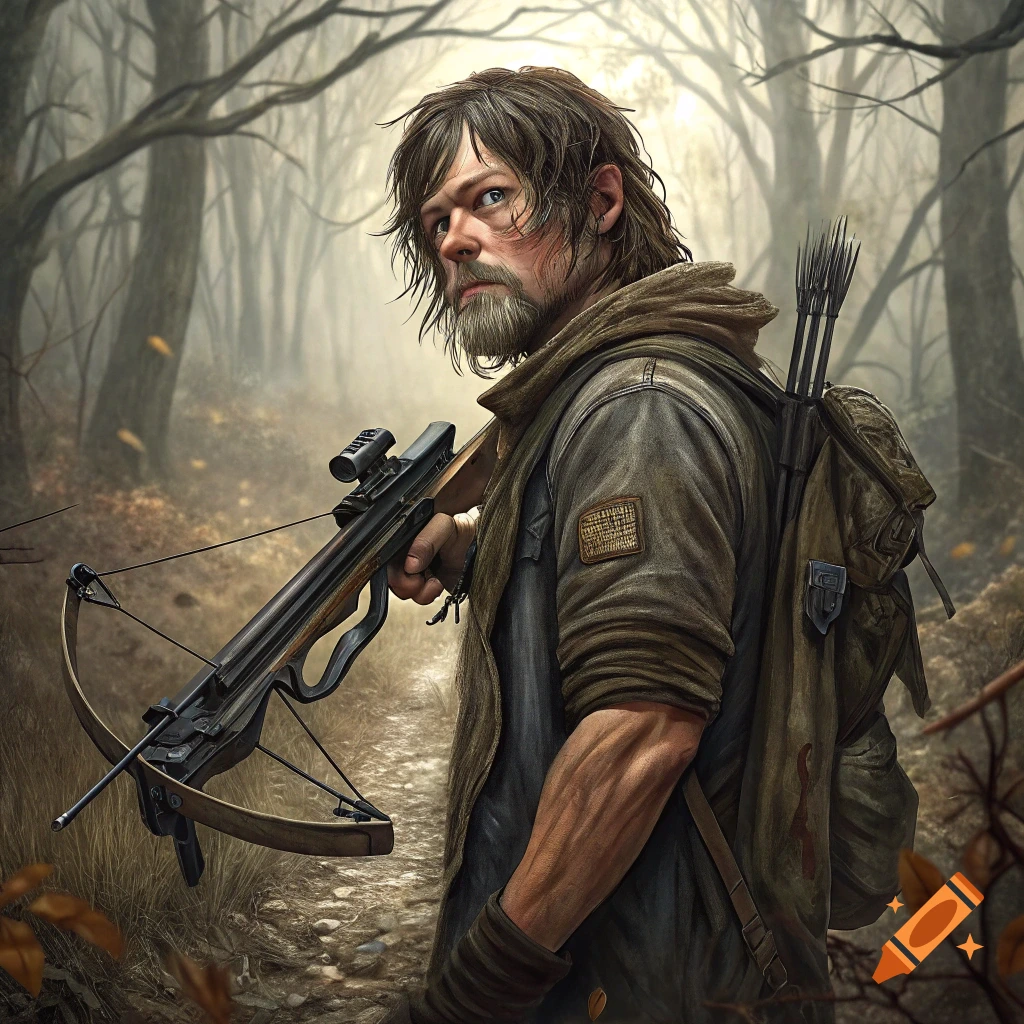 Man with a crossbow and backpack stands in a forest path, survivalist style