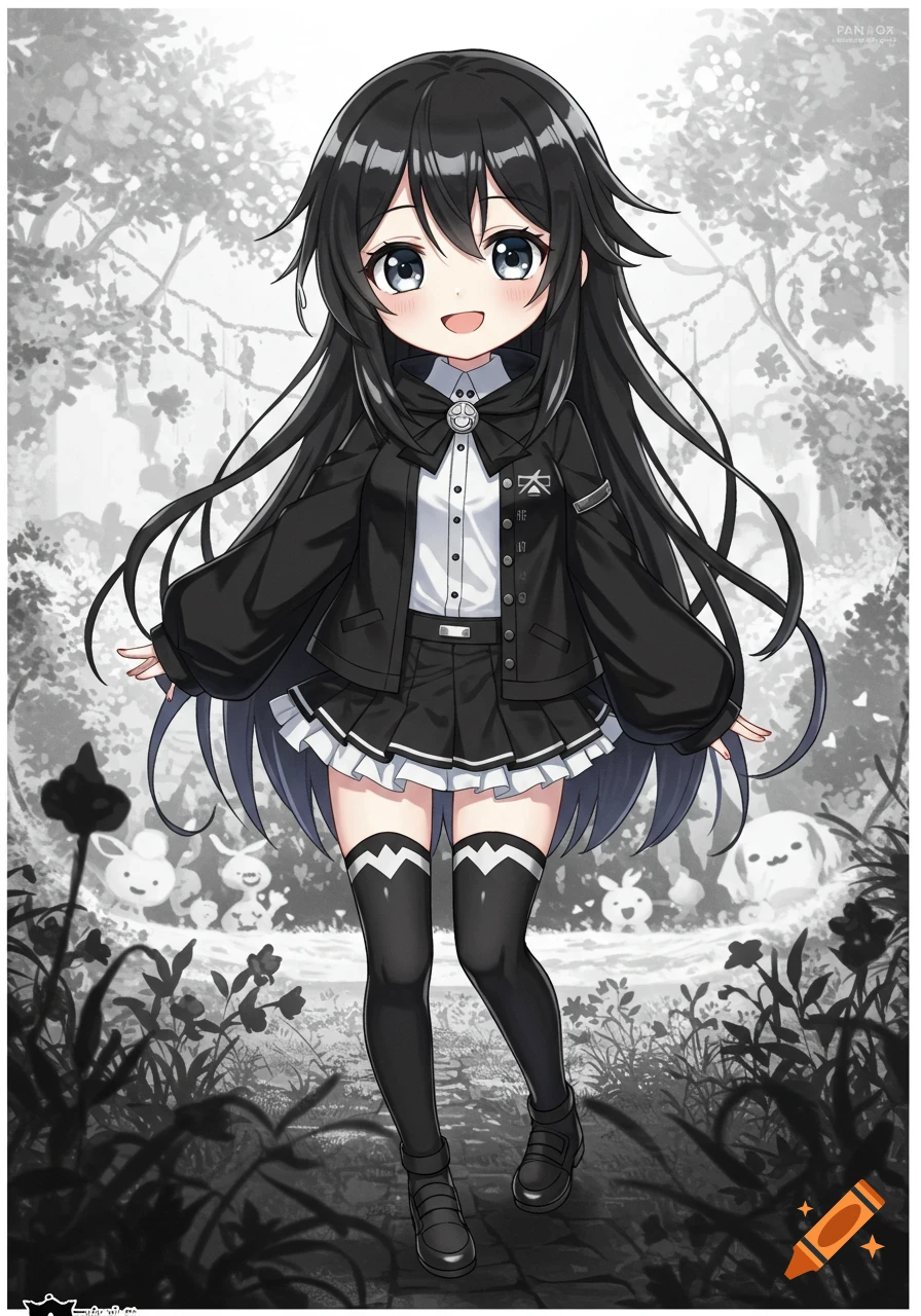 Cute anime girl with long black hair in black and white outfit stands in grayscale forest