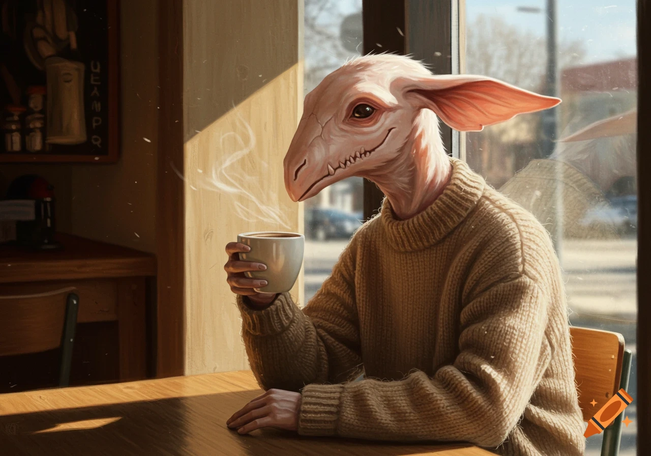 A creature with pale skin and large ears, resembling a wendigo, sits at a table in a cafe, holding a cup of coffee.