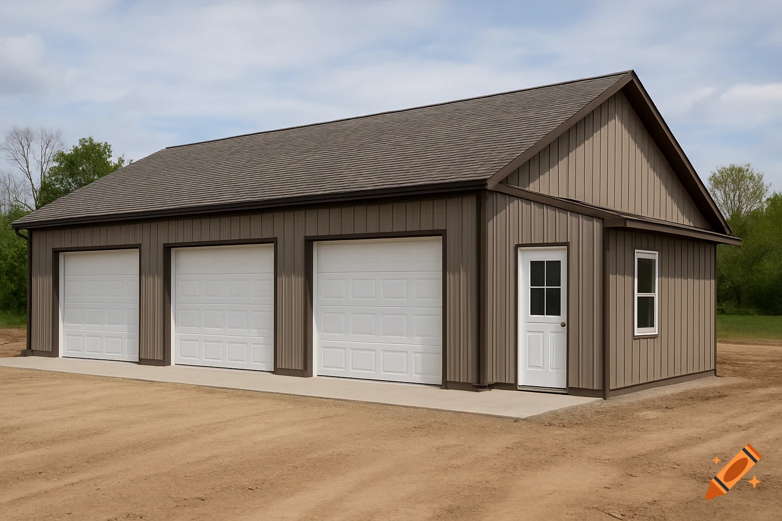 A photorealistic image of a brown three-car garage with a side door and window.