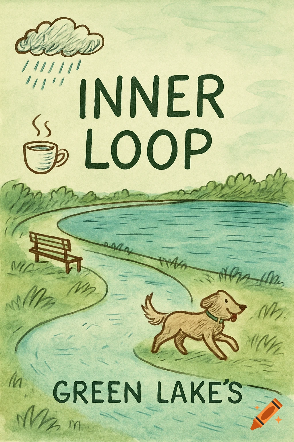 Hand-drawn illustration of a dog walking beside a lake path with text 'INNER LOOP' and 'GREEN LAKE'S', a bench, and a rain cloud.