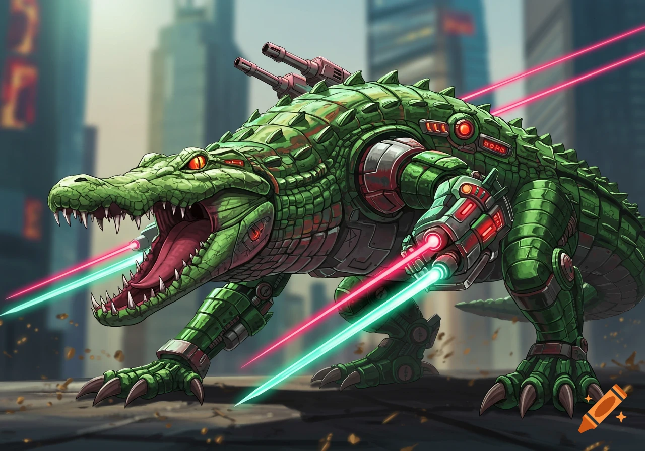 A mecha alligator with red eyes and glowing lasers standing in a futuristic city.