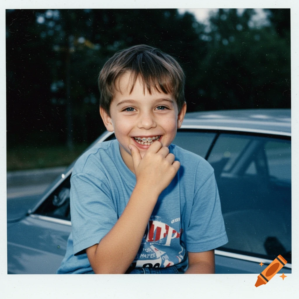 Polaroid photo of a smiling boy with braces sitting on a car