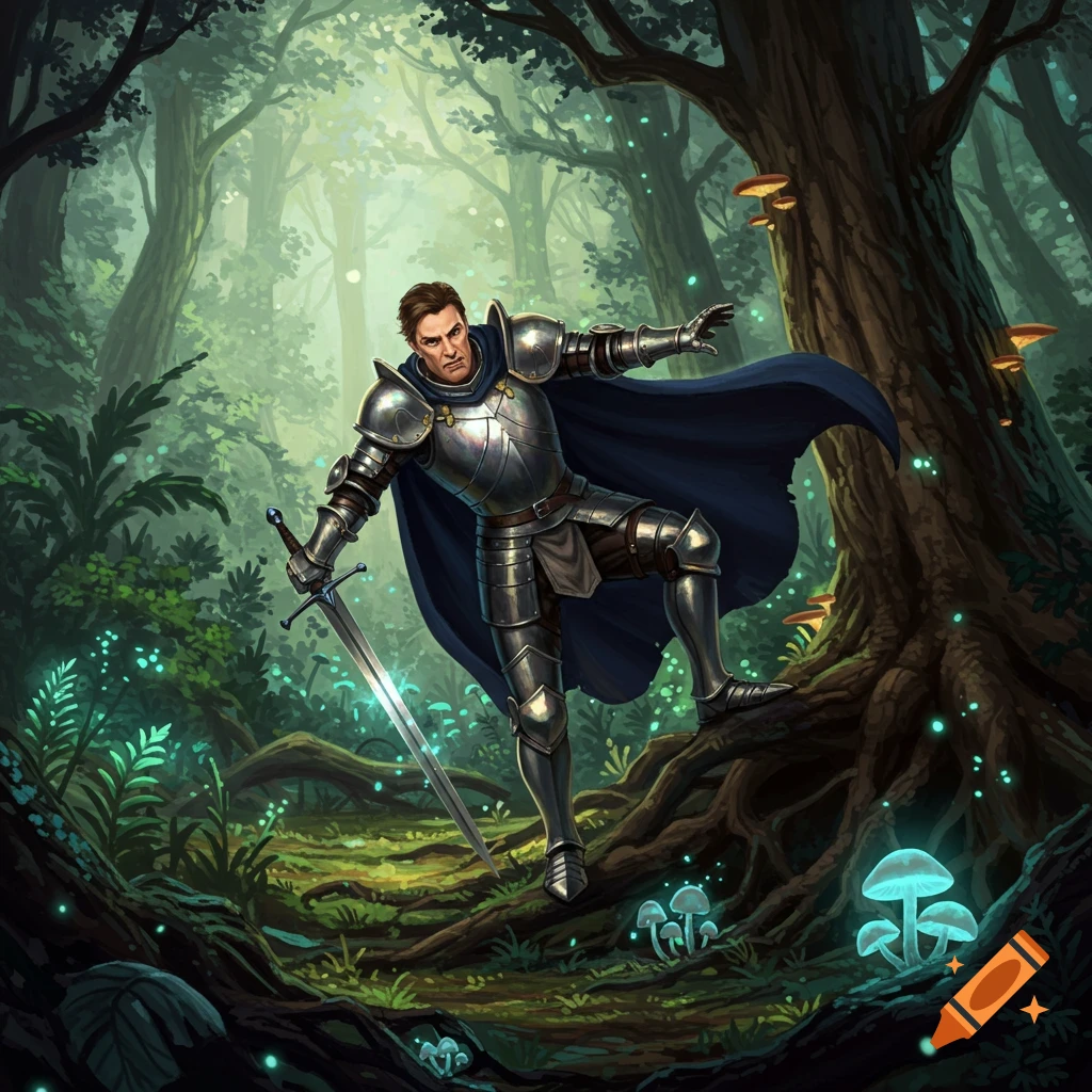 Fantasy knight with a sword stands on a root in a glowing forest.