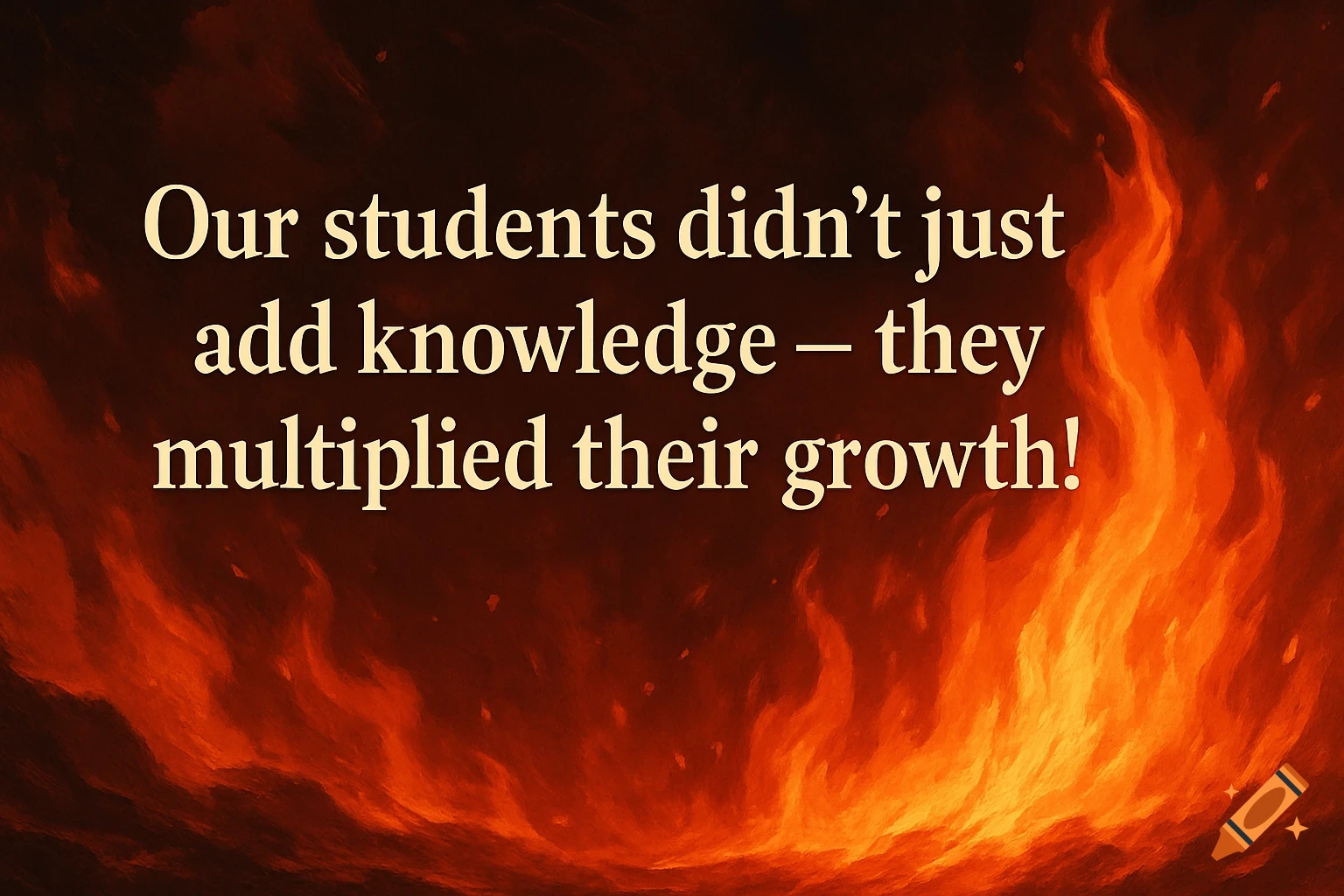 Text 'Our students didn’t just add knowledge — they multiplied their growth!' over a fire background.