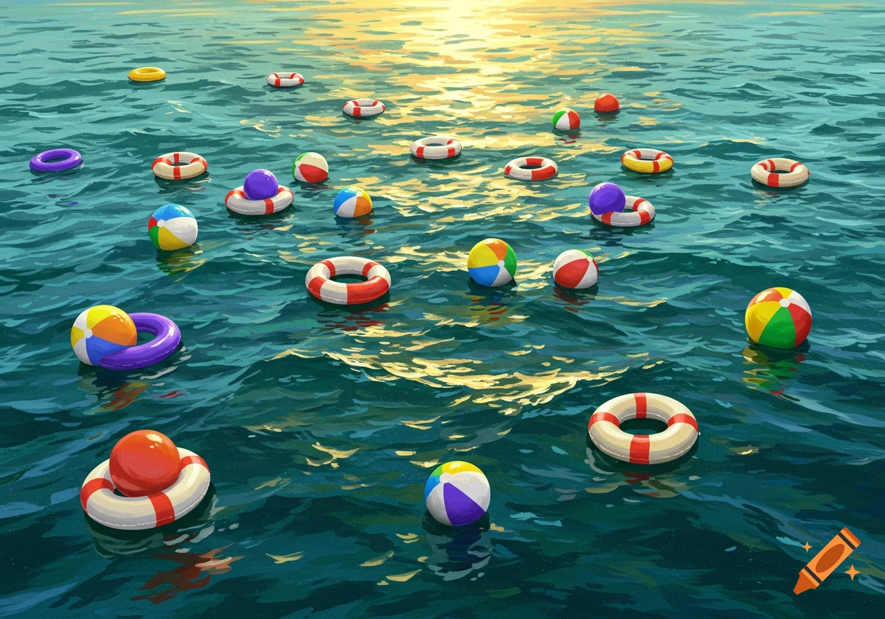 Life rings and beach balls float on sparkling water at sunset