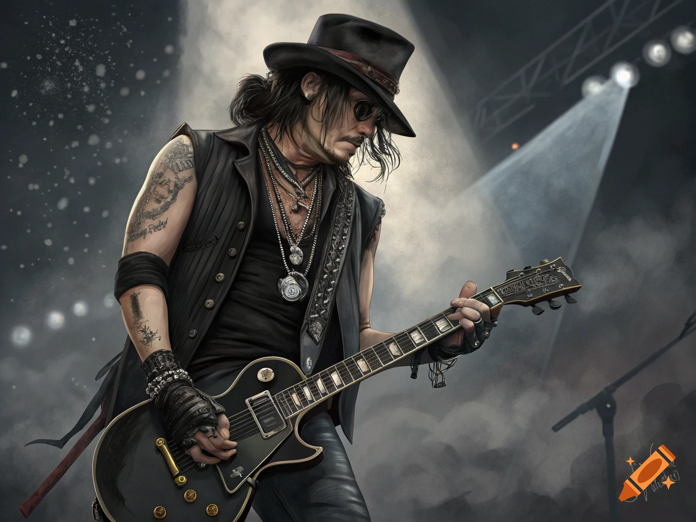 A stylized portrait of a musician resembling Johnny Depp playing a guitar on a smoky stage.