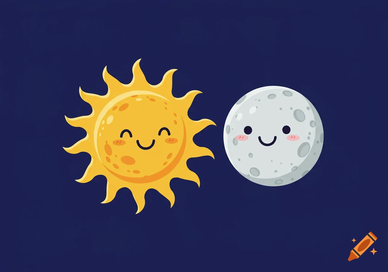 Cute cartoon sun and moon with happy faces on a dark blue background.