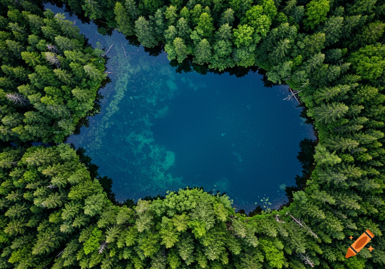 Aerial view of a dark blue lake surrounded by a dense green forest.