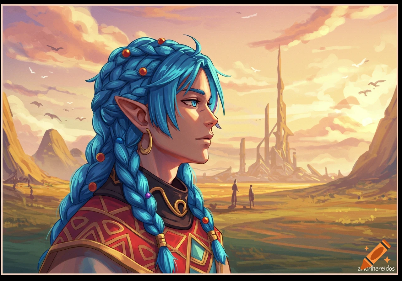 Fantasy portrait of a character with blue braids and elven ears in a ...