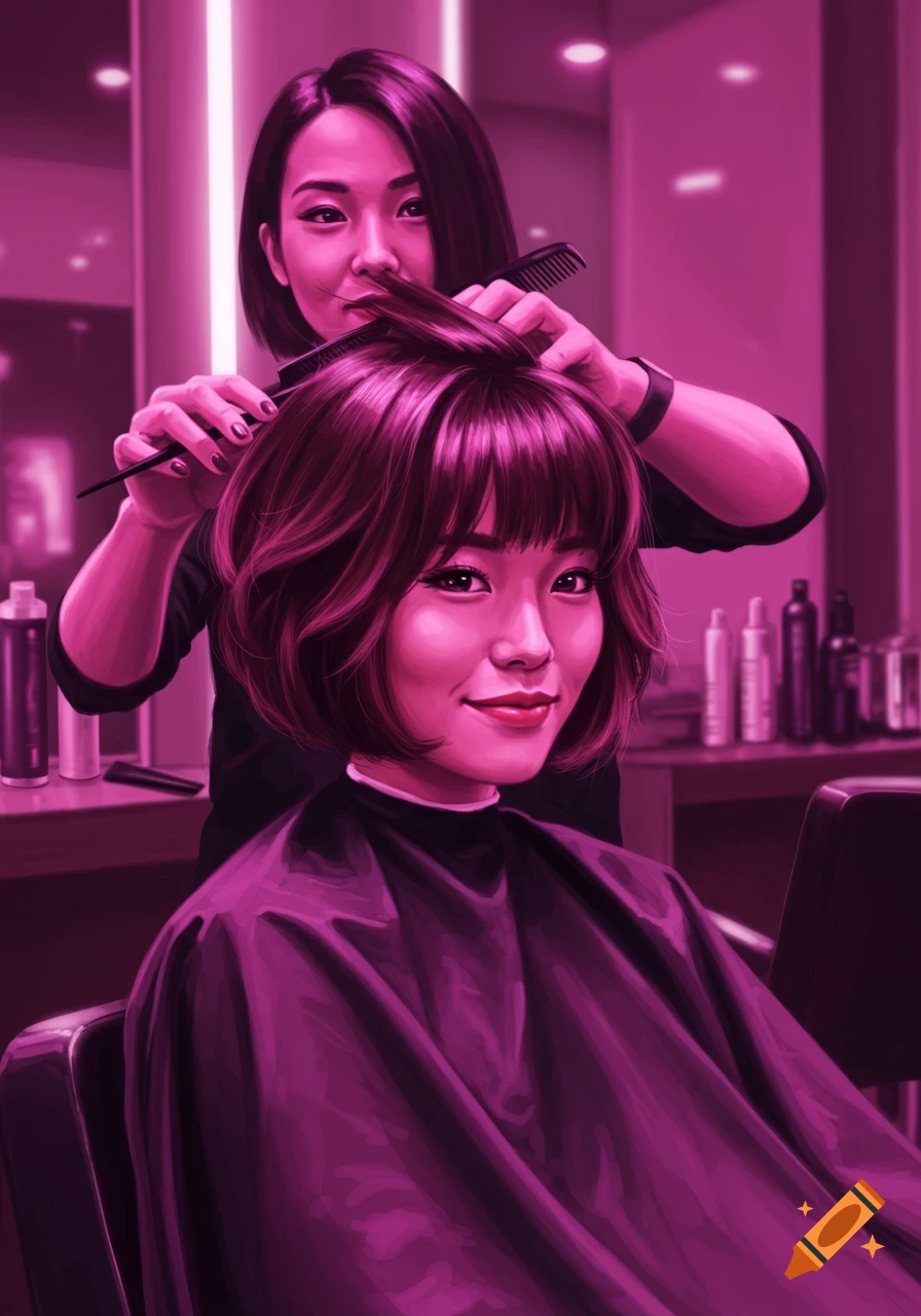 Illustration of a woman getting her hair cut in a salon by a stylist.