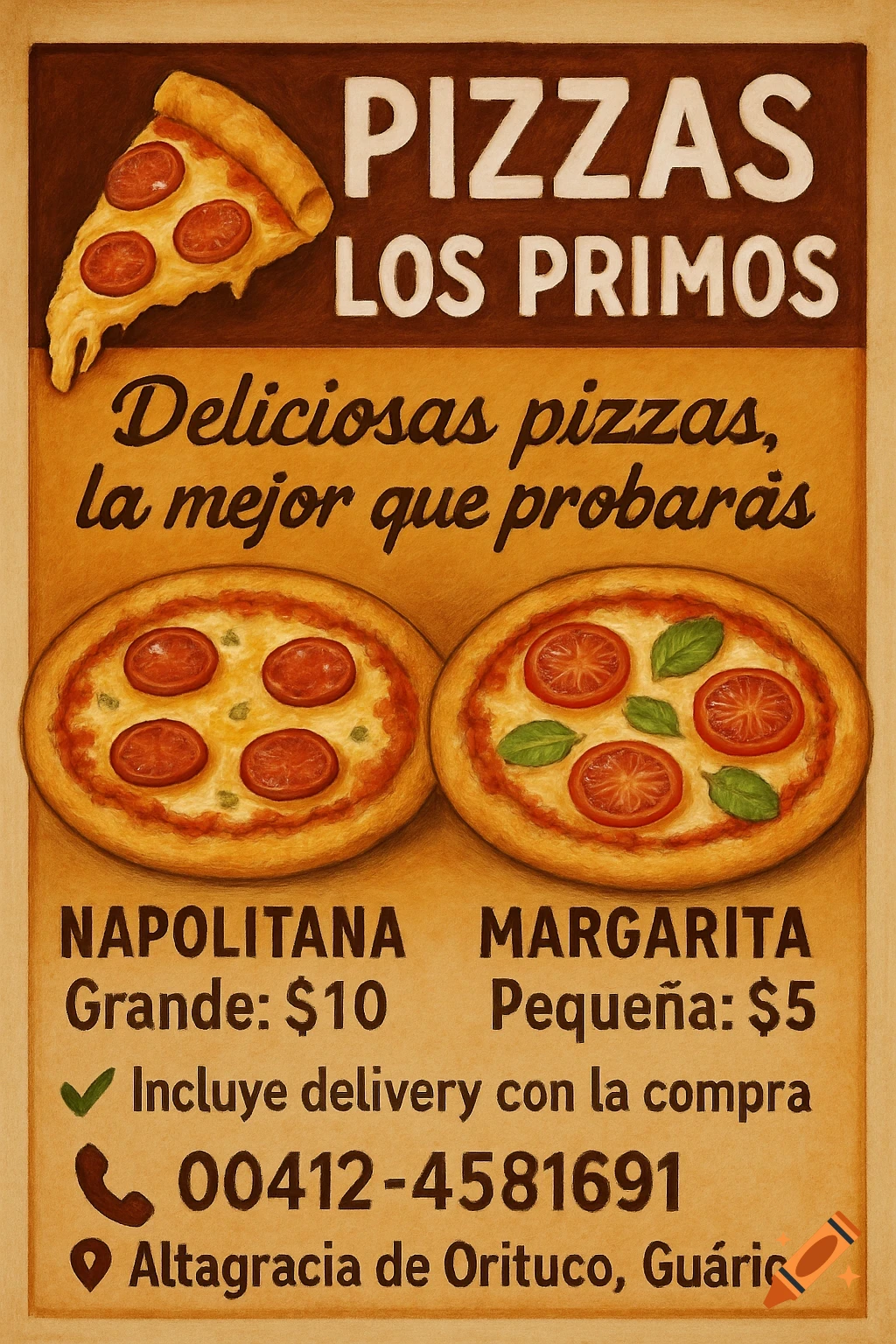 Digital painting of a vintage-style pizza poster with text and illustrations of pizzas and a slice.