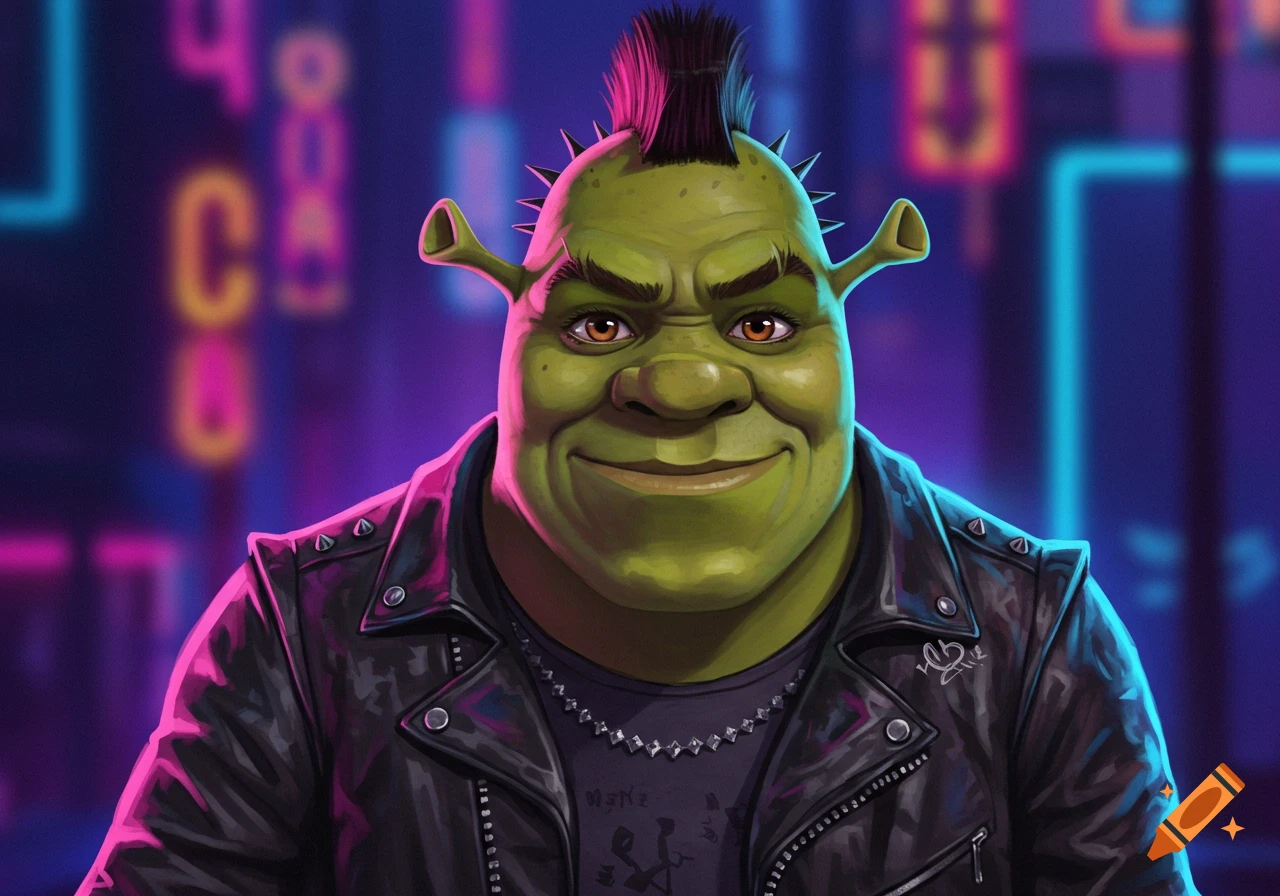 Illustration of Shrek with a pink mohawk, leather jacket, and spiked necklace against a neon background.