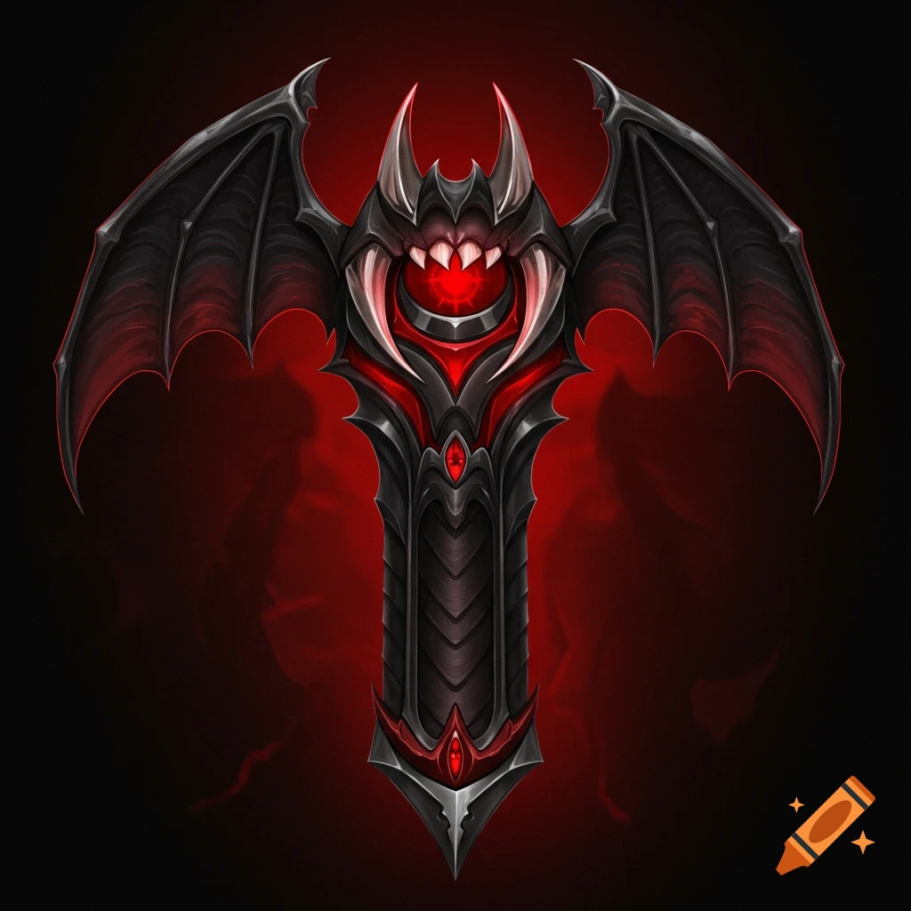 Stylized dark fantasy object with bat wings, fangs, and a glowing red eye on a dark red background.