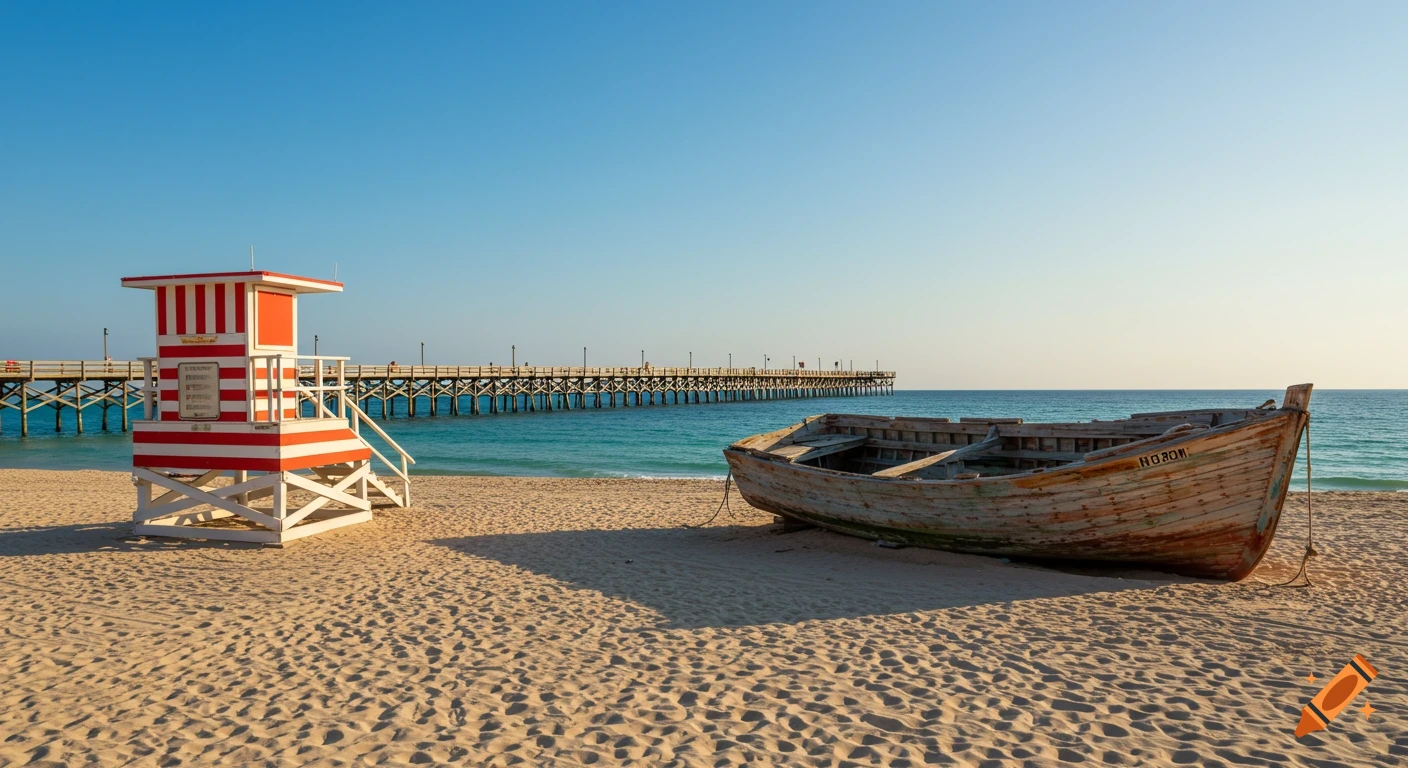 A weathered boat sits on a sandy beach next to a red and white lifeguard stand with a pier stretching into the ocean.