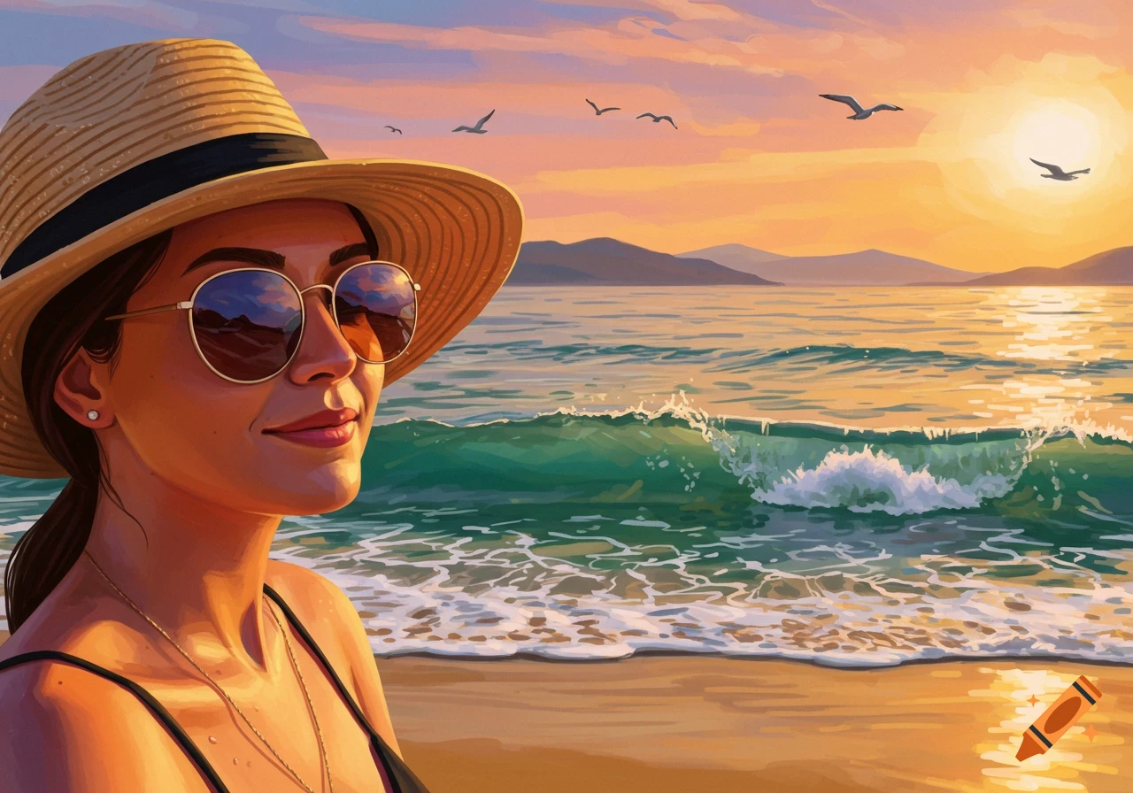 Digital painting of a woman in a straw hat and sunglasses on a beach ...