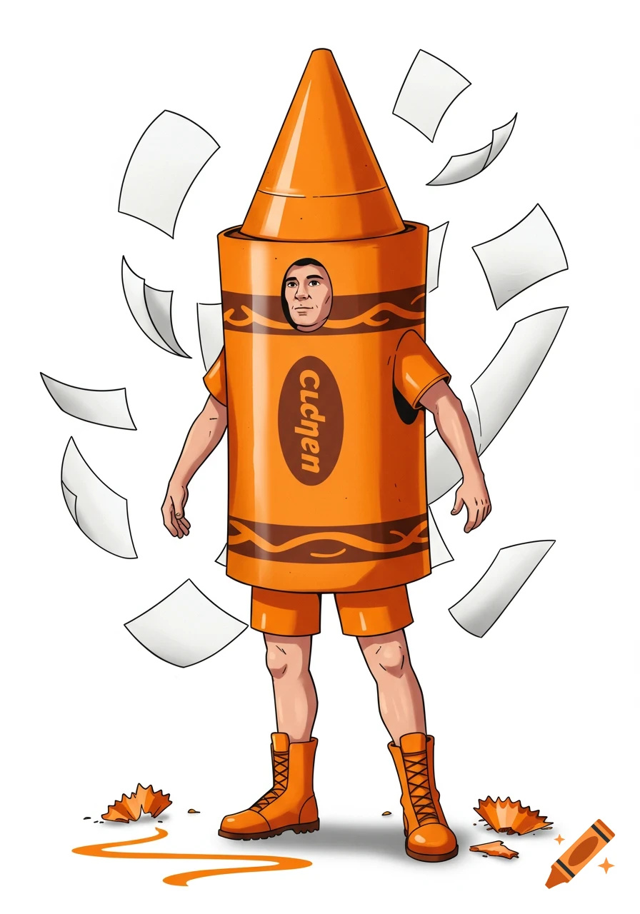 Illustration of a man in an orange crayon costume with paper flying, standing in orange boots and shorts.
