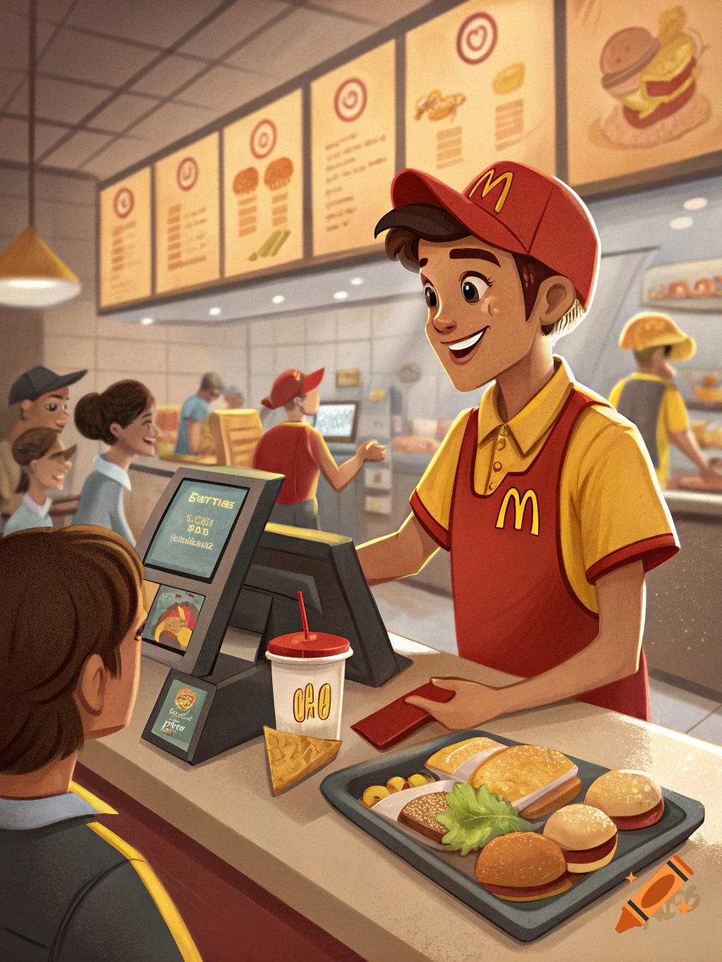 Stylized illustration of a young man in a McDonald's uniform smiling behind a counter, serving a customer.