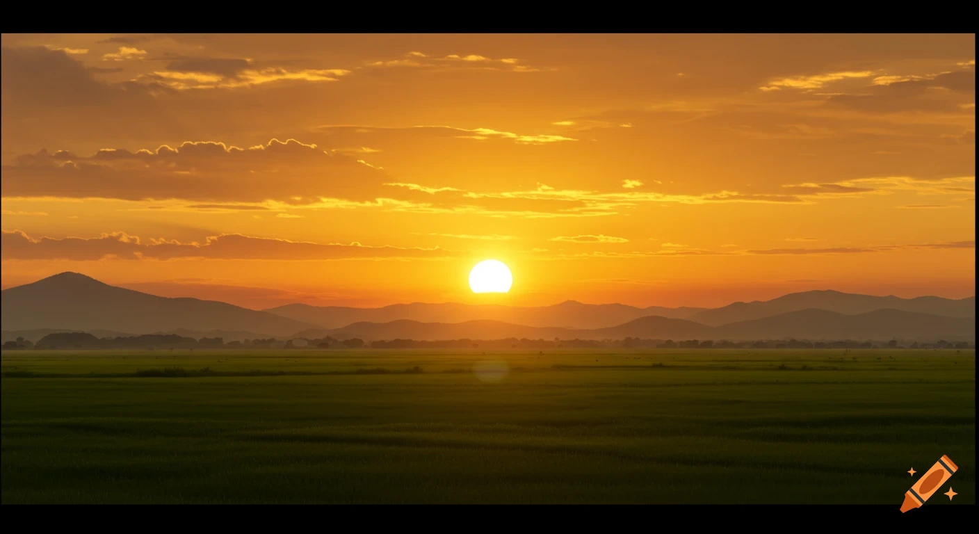 Sunrise over a green field with mountains in the distance.