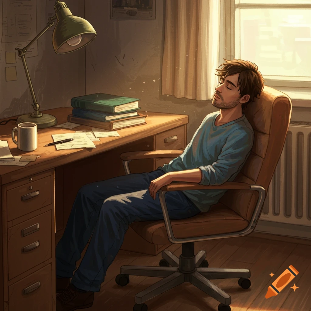 A person sleeps in a chair at a desk with books and papers in a sunlit room.