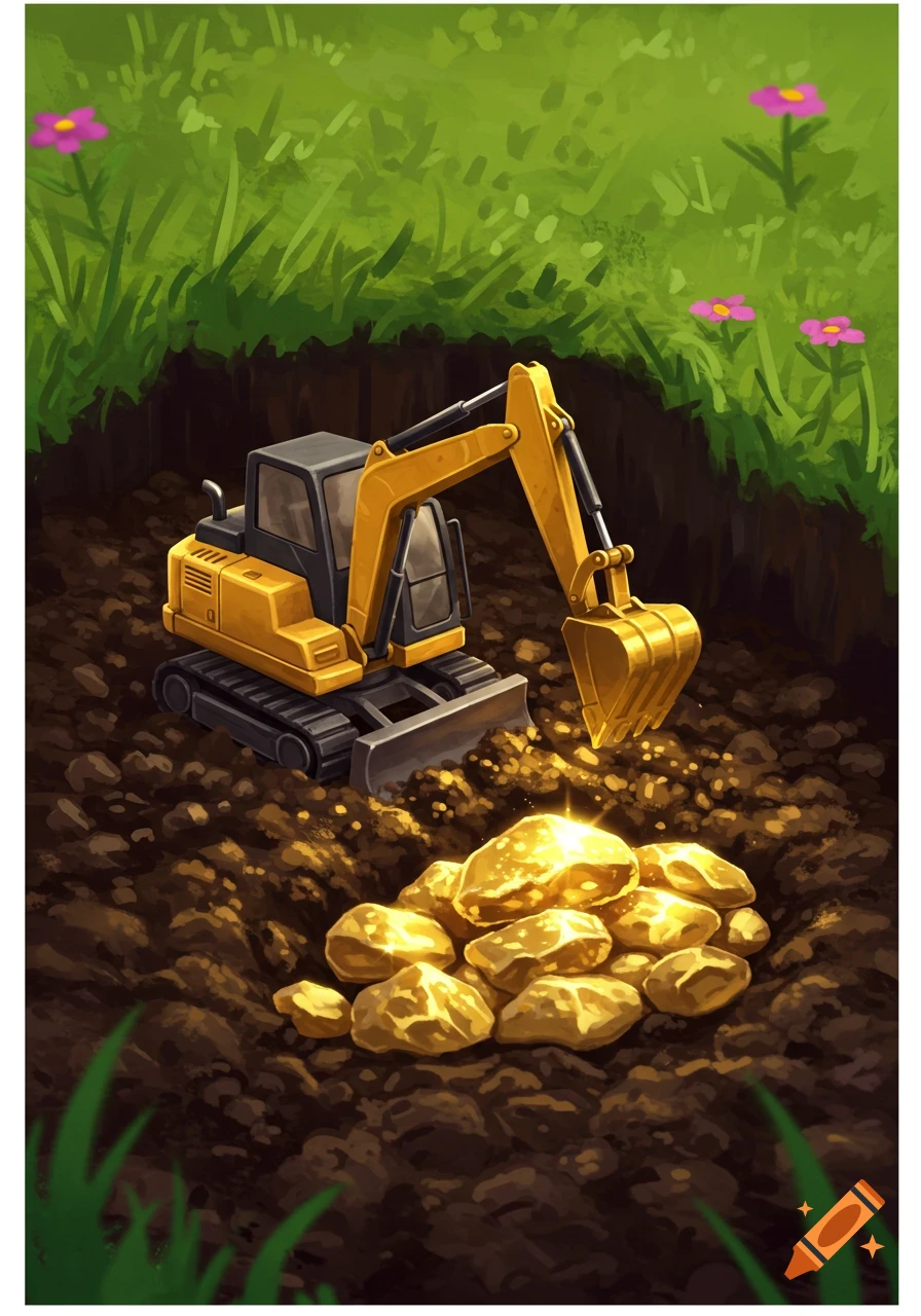 An illustration of a small yellow excavator digging up a pile of shining gold nuggets in dirt