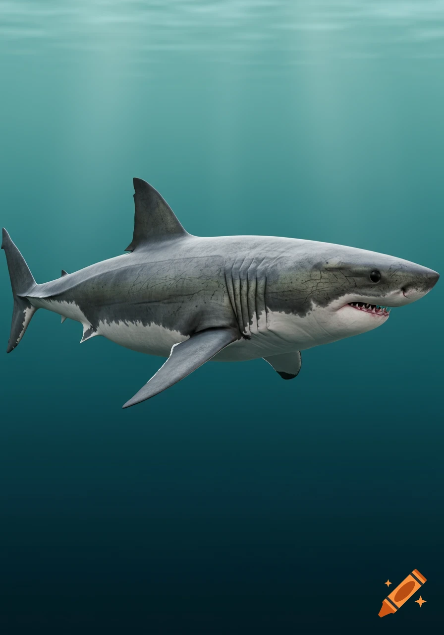 A photorealistic great white shark swims underwater.