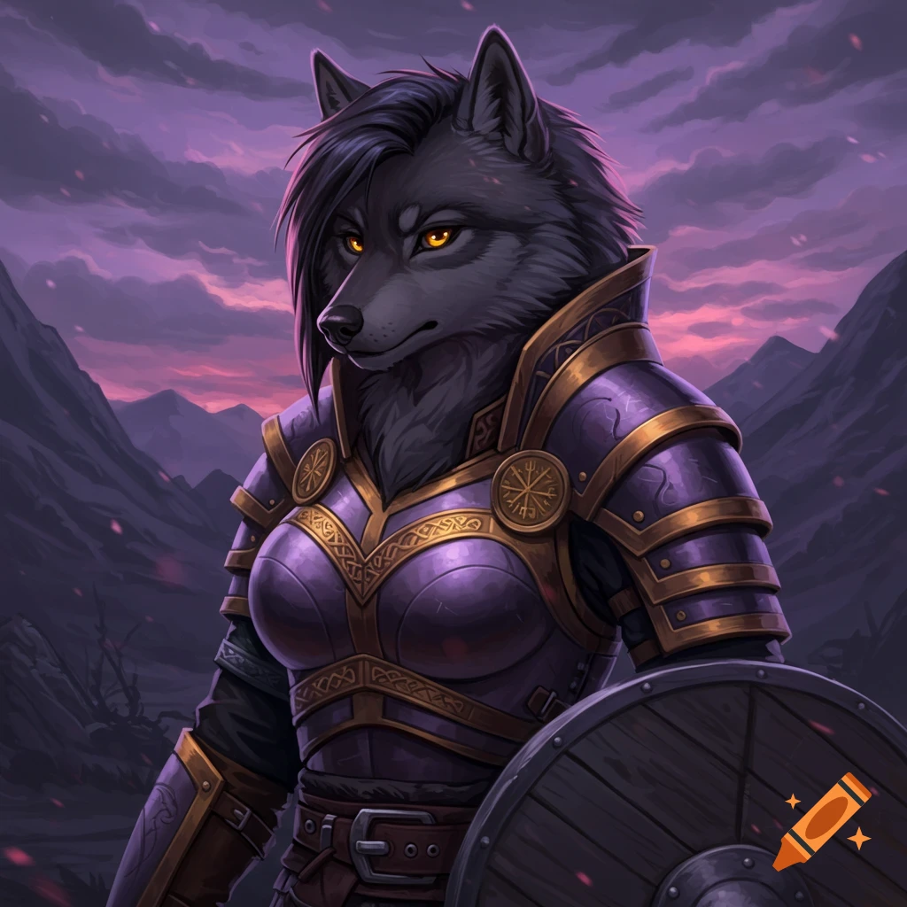 An anthro wolf female in purple and gold Norse Viking armor holds a shield in a mountainous landscape.